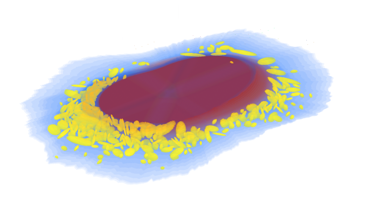 Example cell image generated by CellOrganizer showing the nuclear membrane (red), cell boundary (blue) and individual lysosomes (yellow).